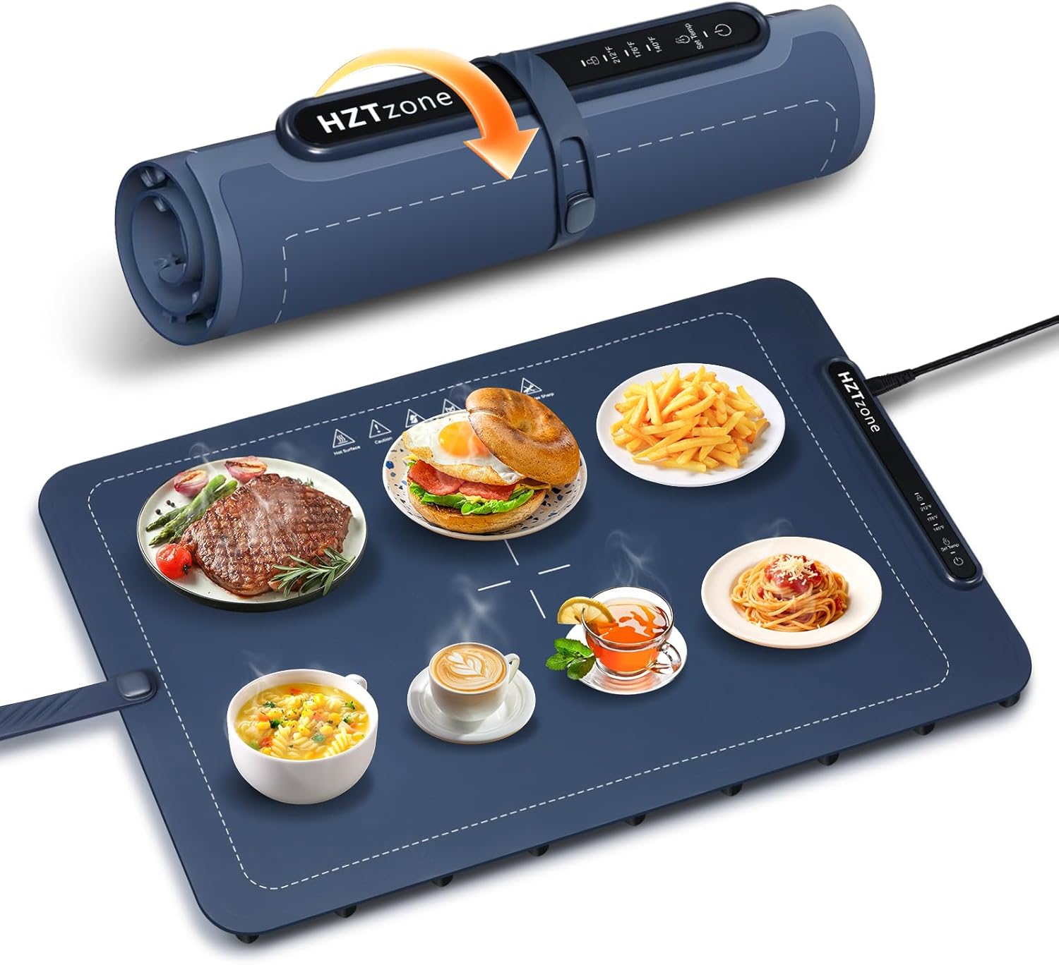 Electric Warming Tray for Food, 24" x 16" Large Rollable Silicone Food Warmer Mat with 3 Adjustable Temperature & Child Lock, Fast 10s Heating, Portable Heat Plate for Party, Buffet, Shabbat, Pizza