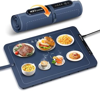 Electric Warming Tray for Food, 24" x 16" Large Rollable Silicone Food Warmer Mat with 3 Adjustable Temperature & Child Lock, Fast 10s Heating, Portable Heat Plate for Party, Buffet, Shabbat, Pizza