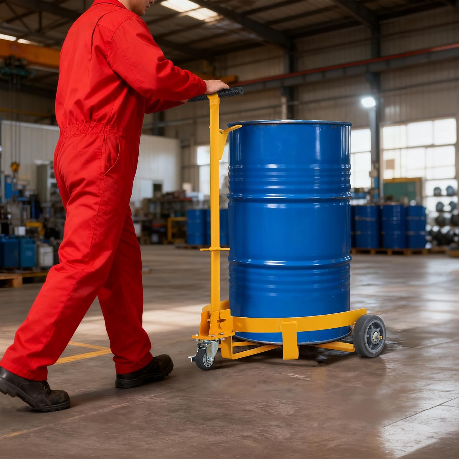 55 Gallon Drum Dolly - 1200 Pounds Capacity with 3 Smooth-Rolling Wheels & Labor-Saving Handle,Low Profile Barrel Caddy for Garage/Warehouse/Workshop (Yellow)