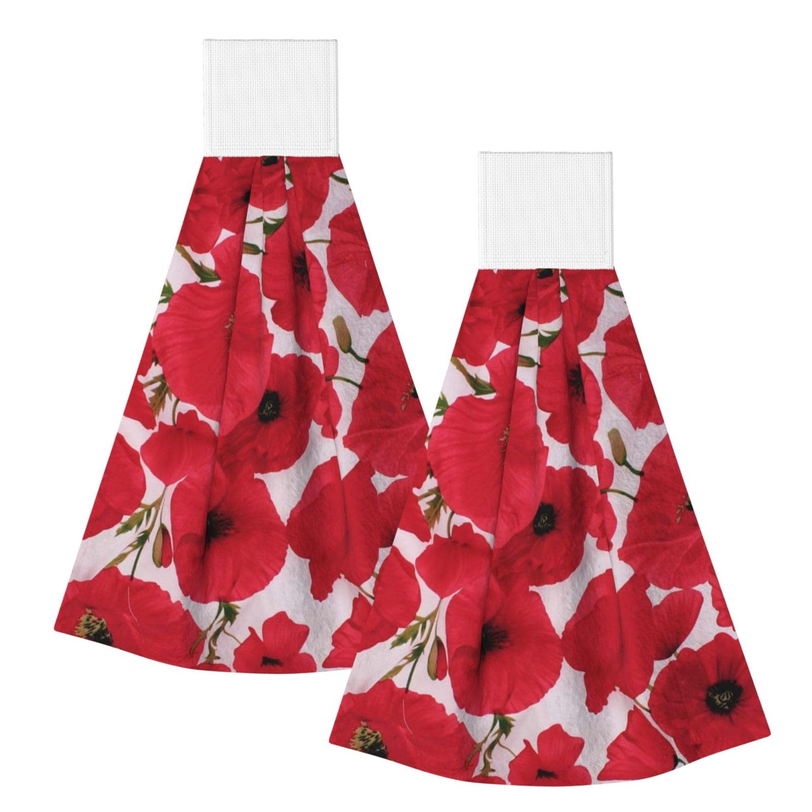 DOPKLNA Poppy Red, 2 Pcs Hanging Coral Fiber Hand Towels for Bathroom, Absorbent Kitchen Towels