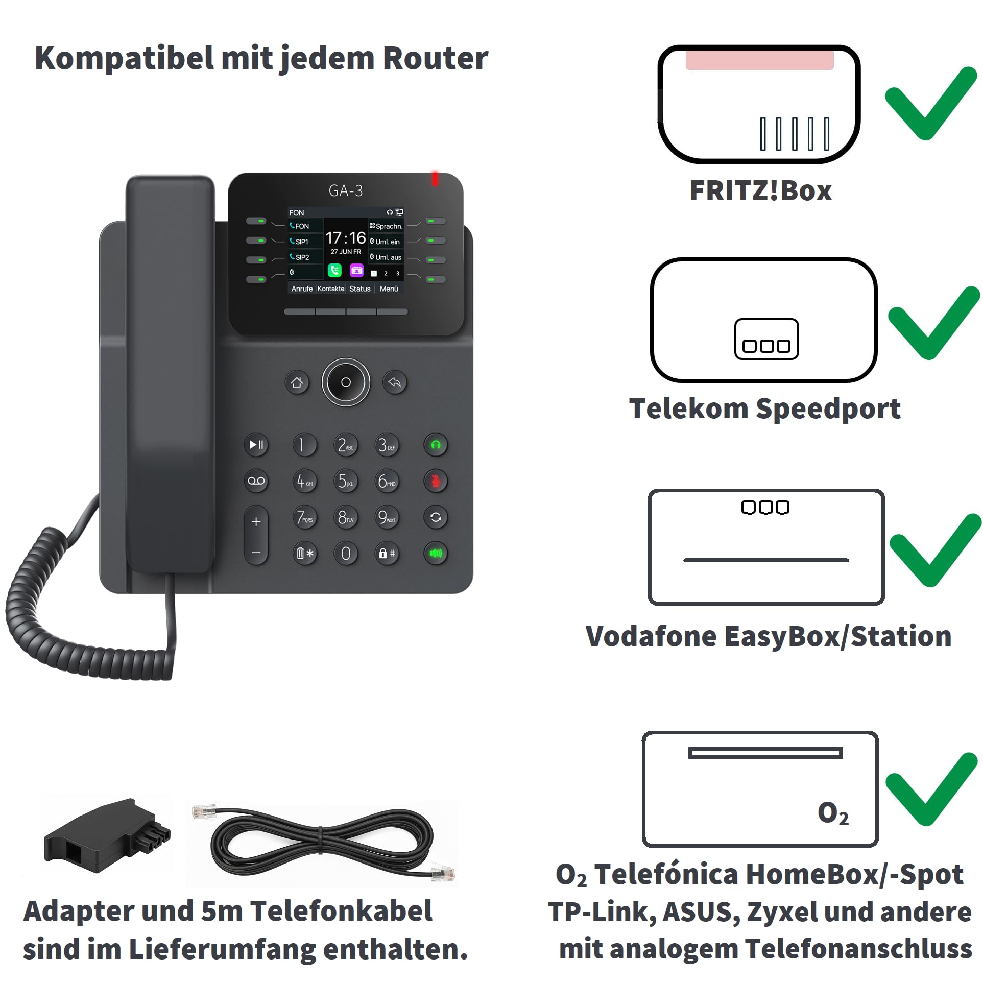 GEQUDIO GA-3 Festnetztelefon Schnurgebunden Anrufbeantworter Farbdisplay Tischtelefon für alle Anschlüsse FritzBox Speedport TAE Hybrid IP Deutsche Anleitung USB EU-Version
