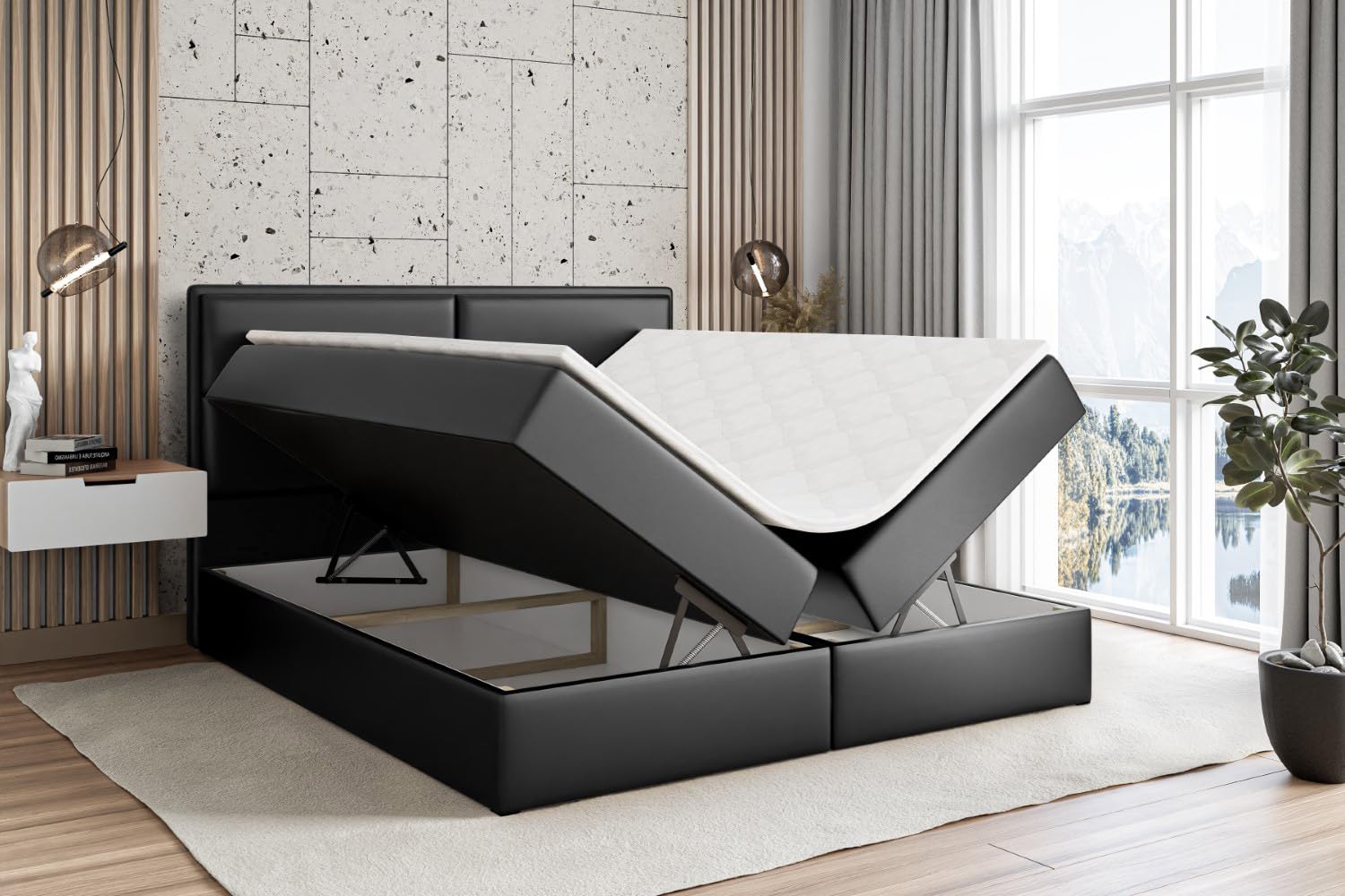 ALTDECOR Boxspringbett mit H3-Matratze Aura - 180x200 - Schwarz | Lattenrost, Topper, Boxspringbett mit Bettkasten, Bett mit Stauraum, Doppelbett, Polsterbett