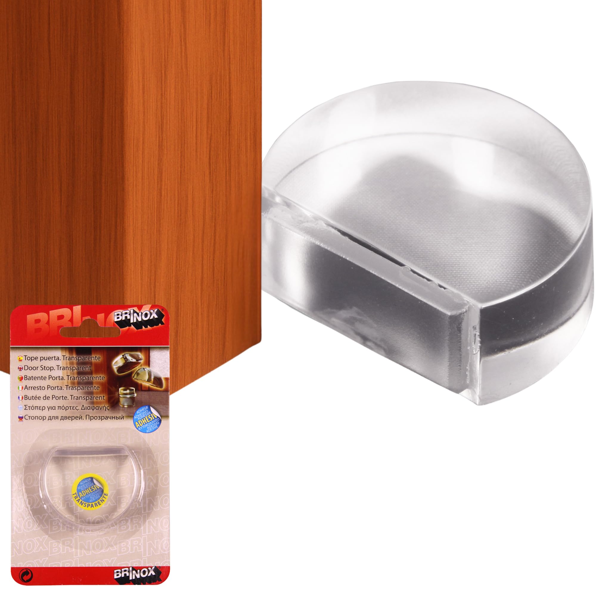 Brinox Tope de Puerta para Suelo Plano, 1 Unidad, Tope Adhesivo Transparente Fabricado en España con Espuma Silenciosa, Tope Metacrilato para Protección de Pared y Rodapiés