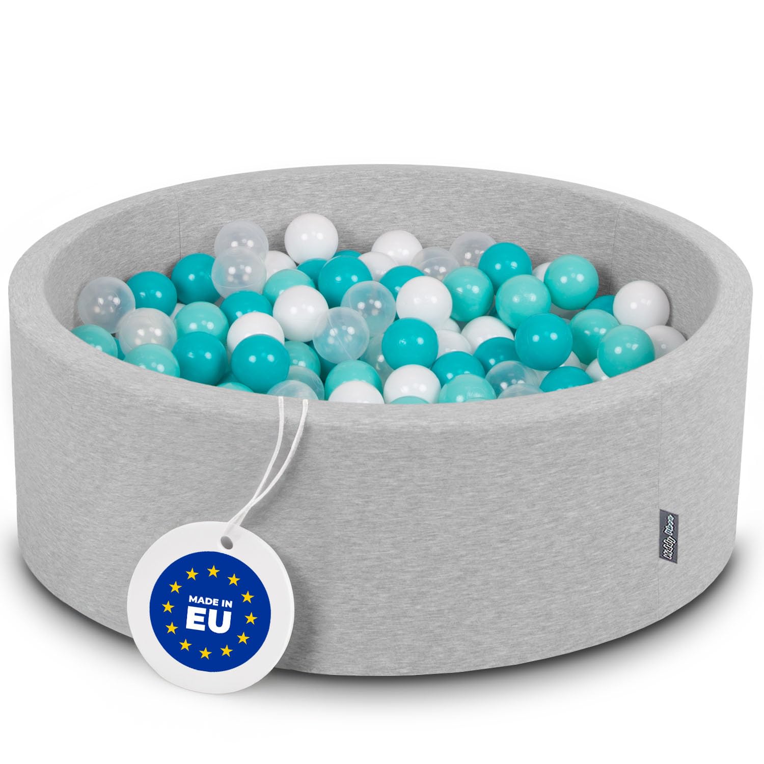 KiddyMoon 90X30cm/300 Balls ∅ 7Cm / 2.75In Baby Foam Ball Pit Made In EU, Light Grey:Lt Turquoise/White/Transparent/Turquois — image 1