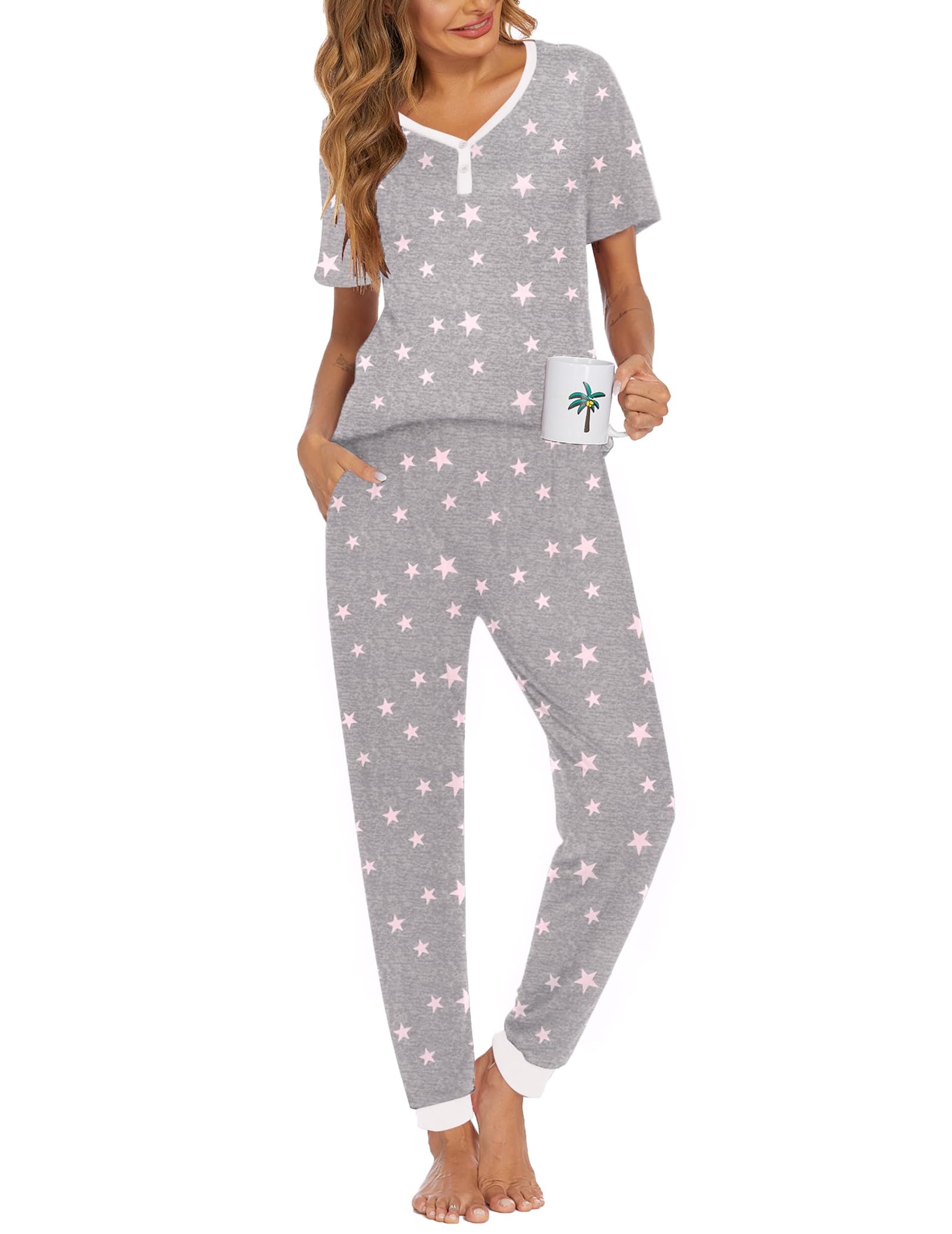 Ekouaer Pajamas for Women Set 2 Piece Short Sleeve Fall Pjs with Pockets