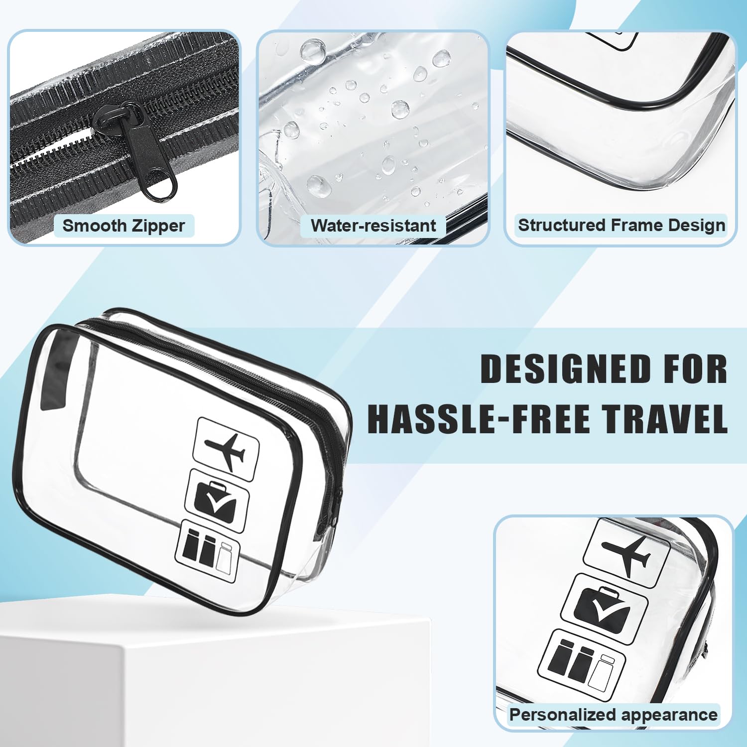 Lot de 20 trousses de toilette de voyage transparentes approuvées par la TSA pour homme et femme (noir)