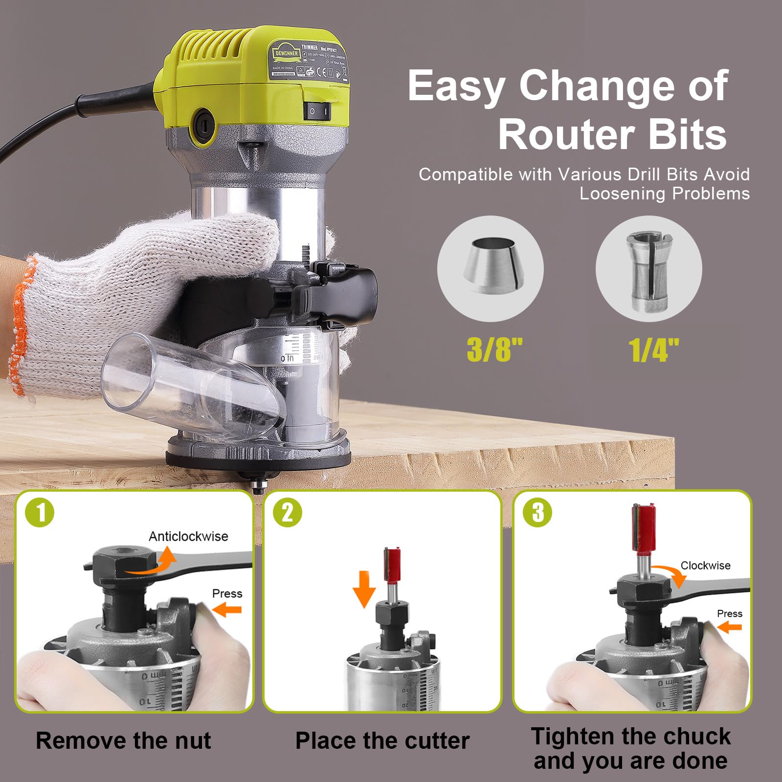 DEWINNER Fresadora para Madera, Juego de Fresadora de Madera Rebajadora Eléctrica 710W 13000-33000RPM, Router Portatile, 6 Velocidades Variables, Con 3 Pinzas (1/4 pulgadas,6mm,8mm) + 12 Brocas