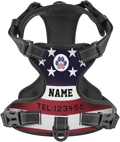 Arnés personalizado para perro sin tirones, chaleco personalizado con bandera estadounidense con número de teléfono y nombre de mascota, arnés