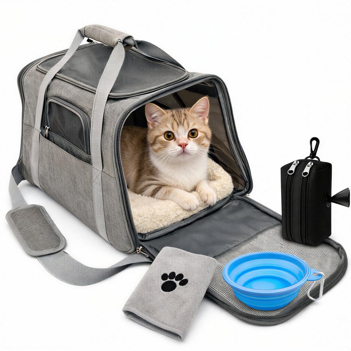 Transportin Gato con ventilación 360° y colchón Suave, Incluye Kit de Viaje con Plato Plegable, Toalla y Porta Bolsas, Seguro para Coche o avión Cabina, transportin Perro pequeño | Gris