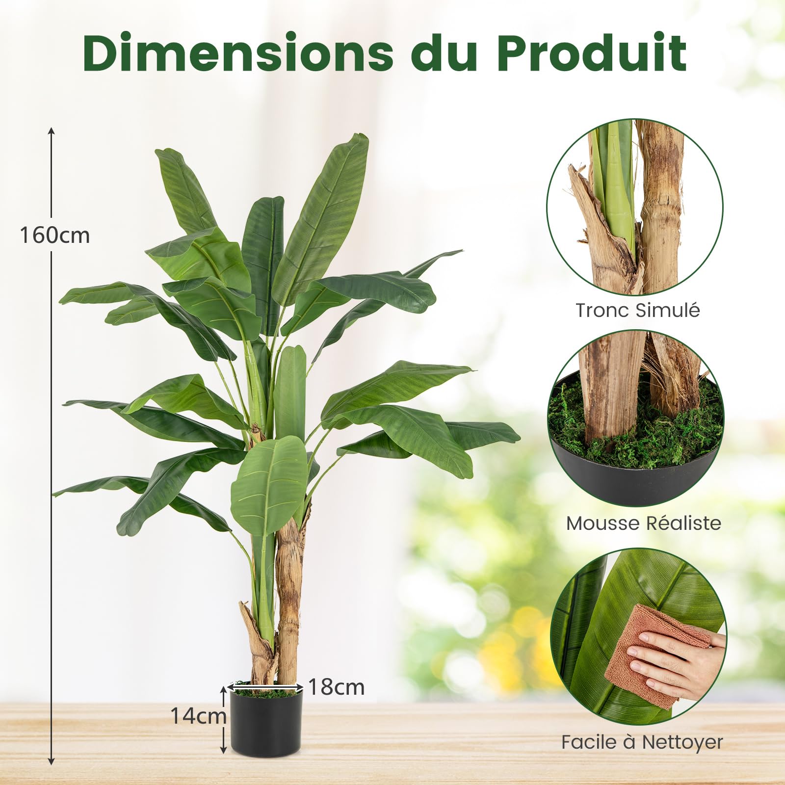 RELAX4LIFE Palmier Artificiel 160CM avec 18 Feuilles