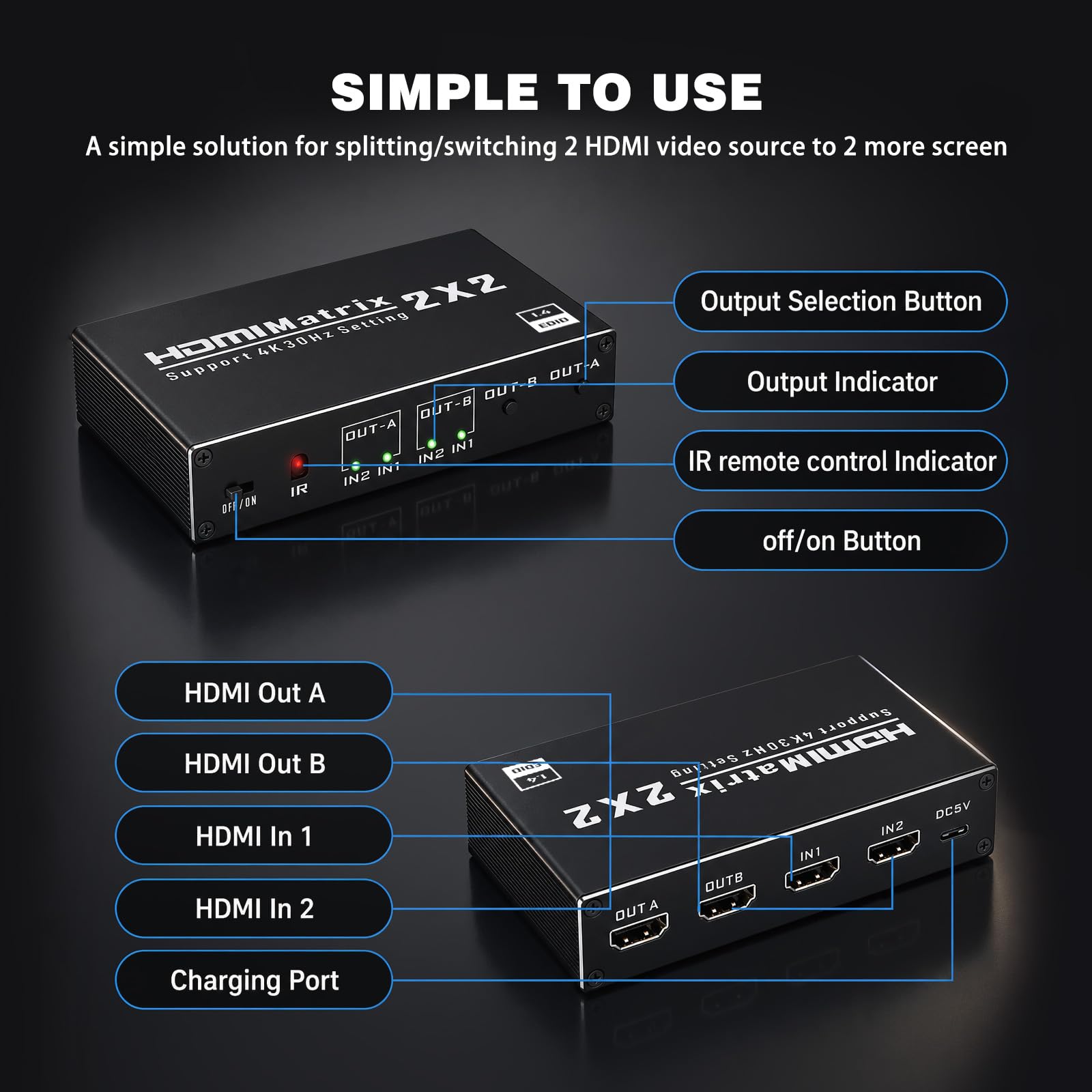 HDMI Matrix 2x2 - HDMI Switch 2 in 2 Out 4K@60Hz mit IR-Fernbedienung für PC TV Beamer