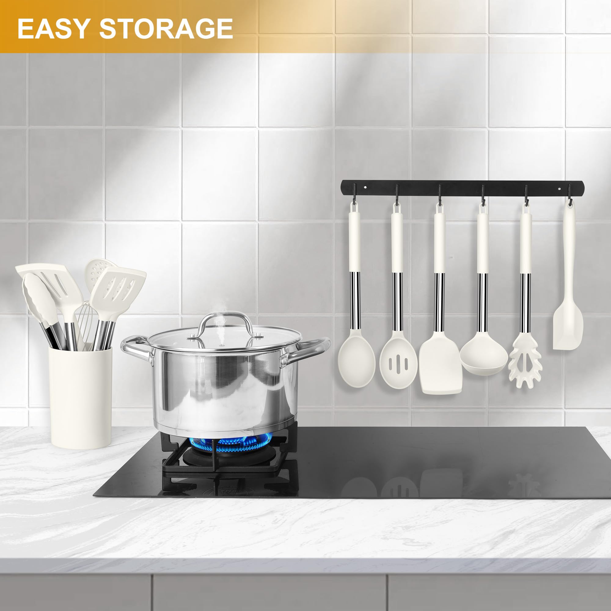 LIANYU Juego de 15 utensilios de cocina con soporte, utensilios de cocina de silicona con mango de acero inoxidable, herramientas de espátula resistentes al calor, cuchara de cepillo, pinzas, batidor,