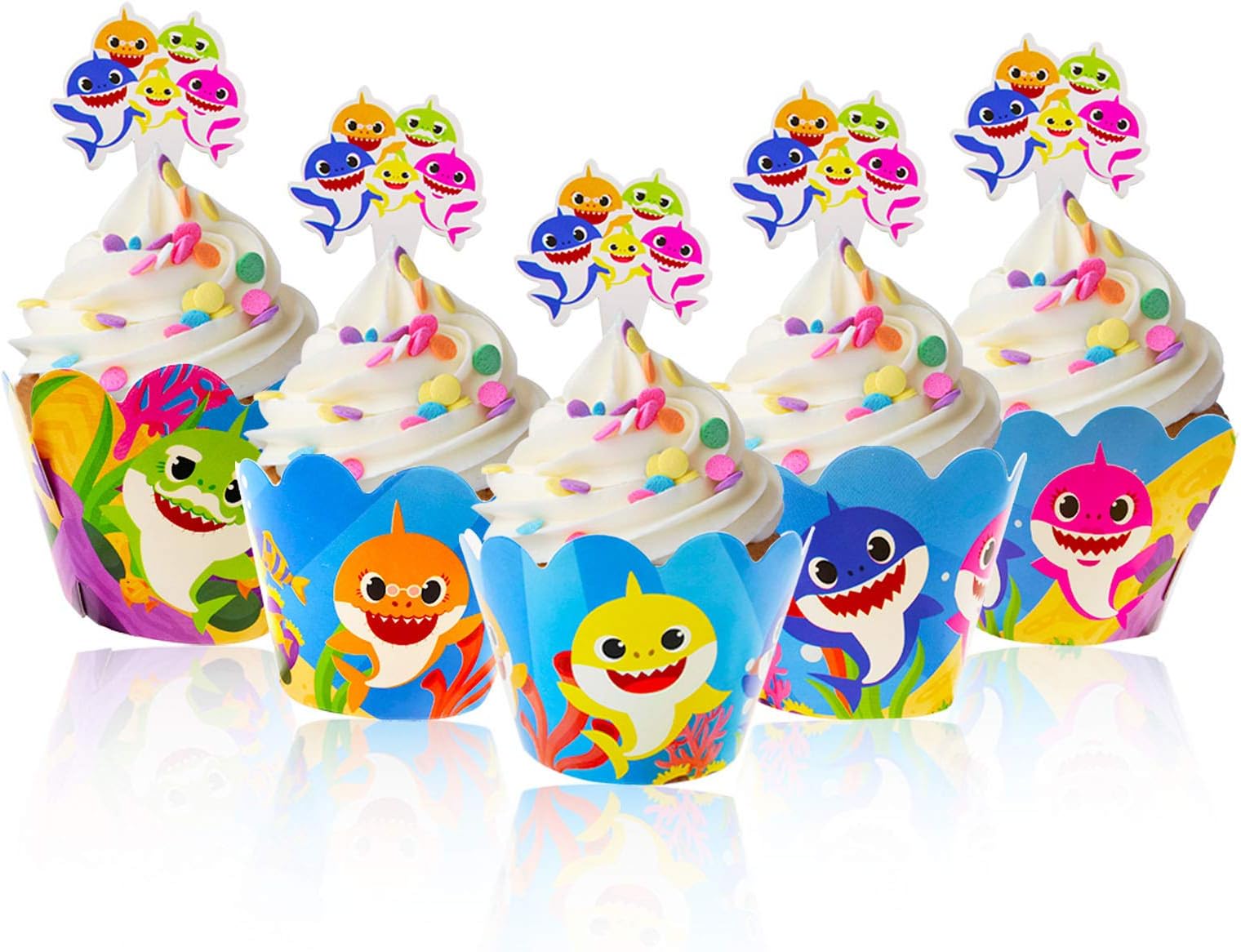 48 Pcs Baby Shark Cupcake Toppers and Wrappers, 24 Set Cute Shark Cupcake Liners & Decorations for 1st, 2nd Boys and Girls Birthday Party, Baby Shower, Shark Themed Party