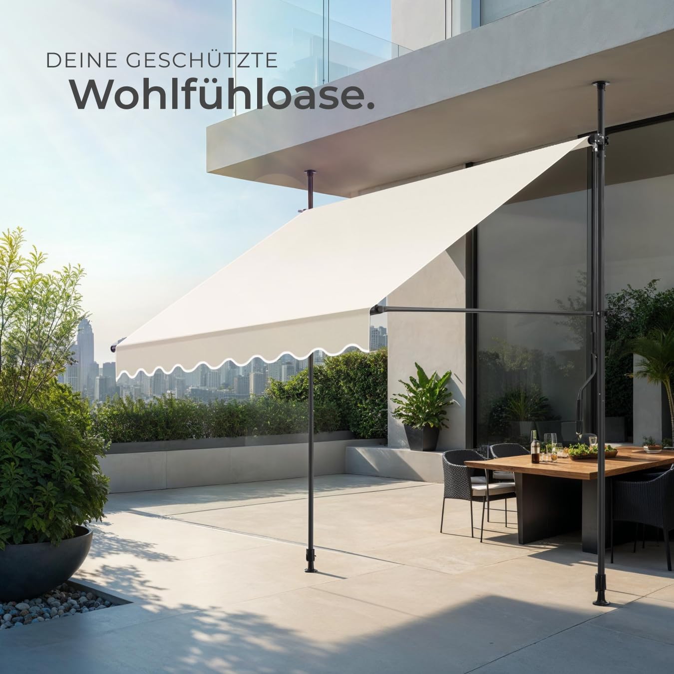 tectake® Klemmmarkise mit Handkurbel, Balkon Markise ohne Bohren, Markise höhenverstellbar, UV-beständig, wasserabweisend, Terrassenüberdachung, Sonnenschutz Terrasse & Balkon, Breite 200 cm - beige