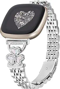 Bling Love Clover Bands For Women Compatible With Versa 4/Versa 3/Sense 2/Sense Stainless Steel Adjustable Replacement Strap.