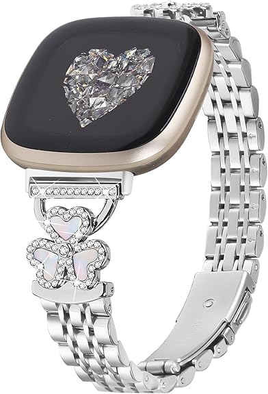 Bling Love Clover Bands For Women Compatible With Versa 4/Versa 3/Sense 2/Sense Stainless Steel Adjustable Replacement Strap.