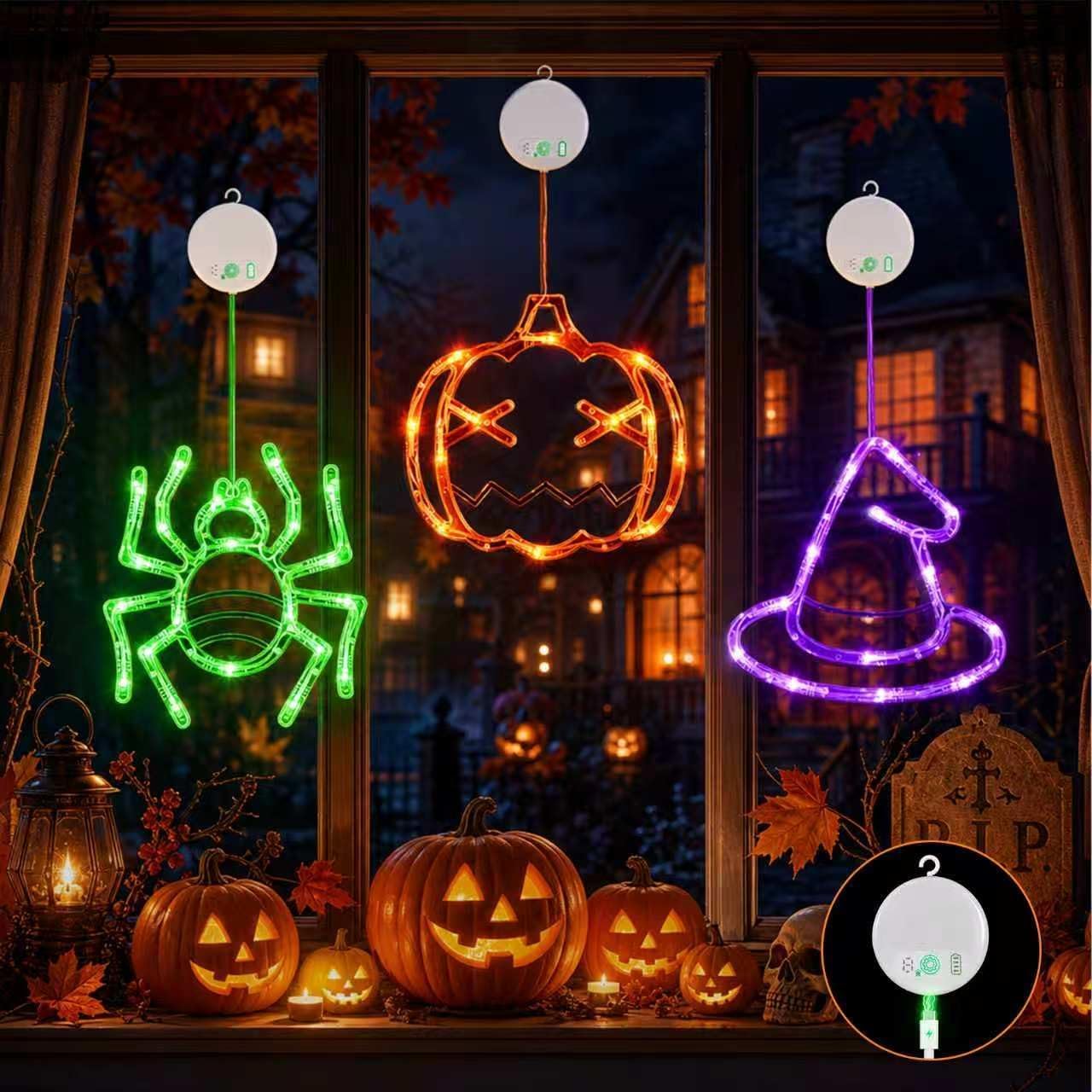 Pumpkin, Spider, Witch Halloween Window Lights, 3 Pack Rechargeable | Halloween Window Decoration Lights, USB Rechargeable, 8 Flashing Modes, Built-in Timer, Halloween Hanging Lights for home