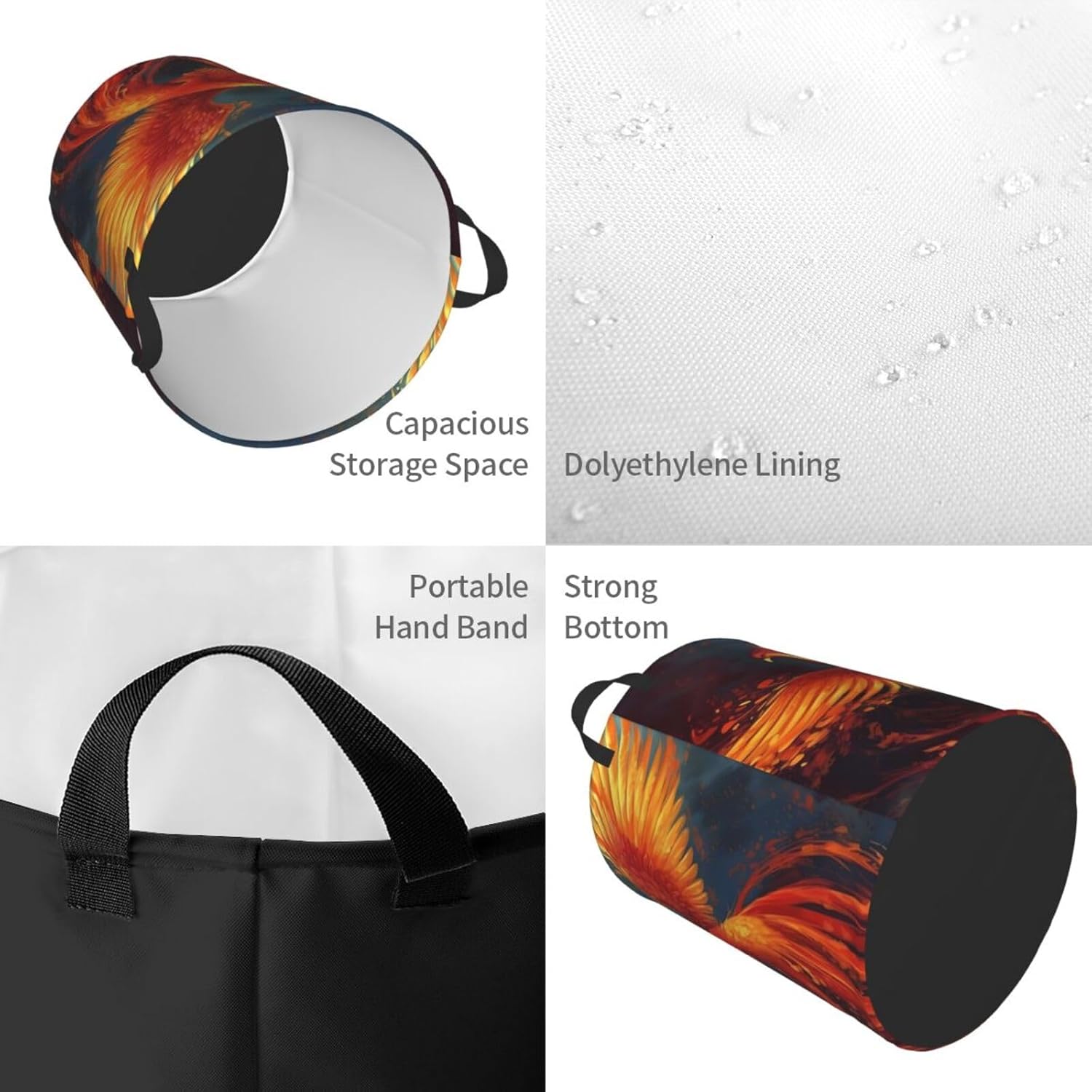 Orange Red Phoenix Laundry Basket With Handles, Foldable Laundry Hamper Oxford Cloth Dirty Clothes Basket Waterproof Clothes Toys Storage Bin Organizer for Bedroom Bathroom Dorm