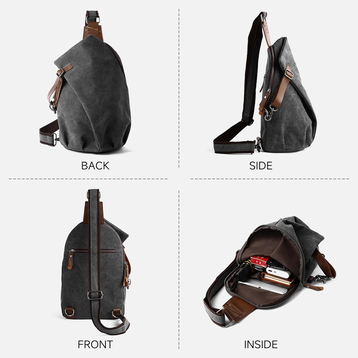 MOYYI Canvas Sling Bag for Men Women, 10L Crossbody Bag Small Backpack, Casual Daypack with Anti-Theft Pocket, Vintage Canvas Shoulder Bags for Travel, Daily, Hiking, Work (Grey)