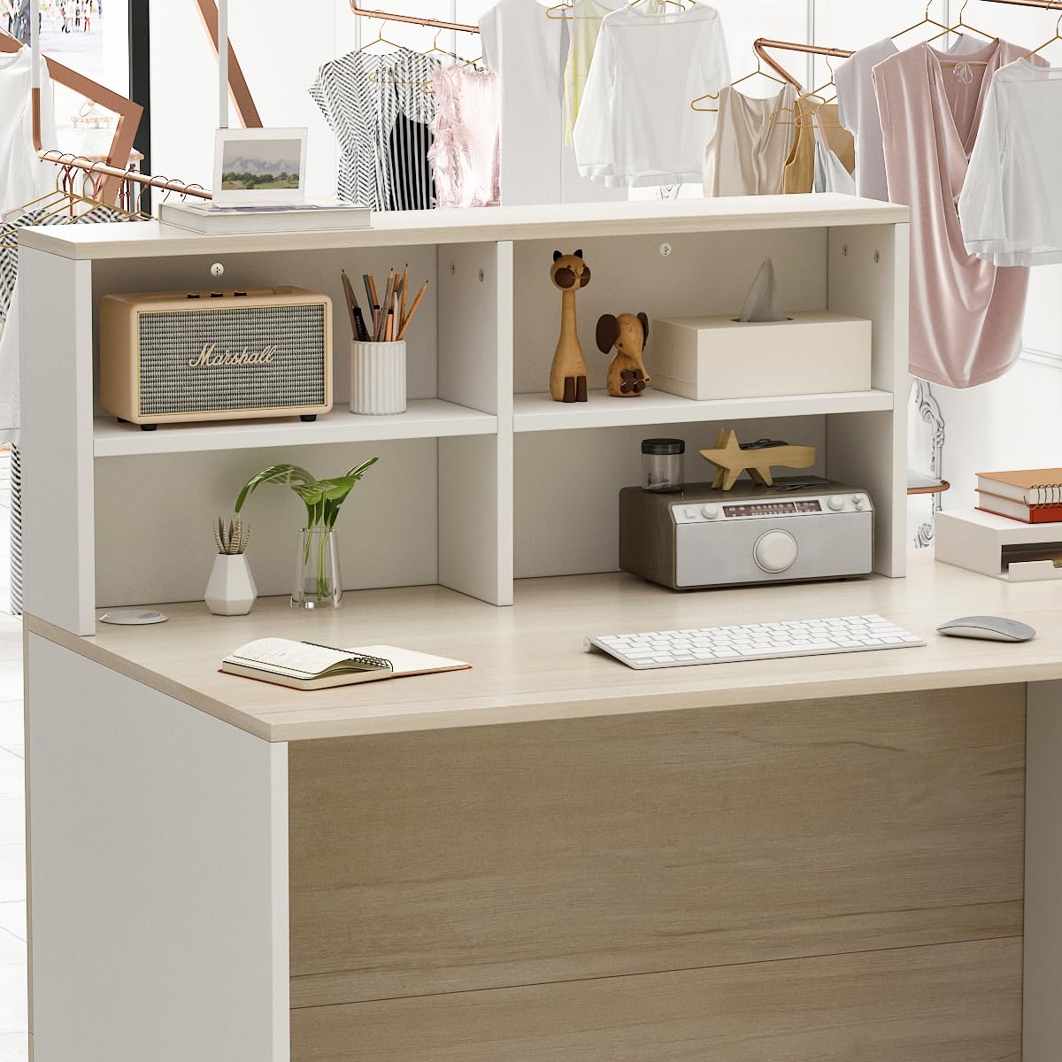 Mesa de recepción, mesa de recepción, mostrador de recepción con compartimentos abiertos, mostradores de recepción con 1 cajón y 1 armario, muebles de oficina, color madera y blanco, 140 X 60