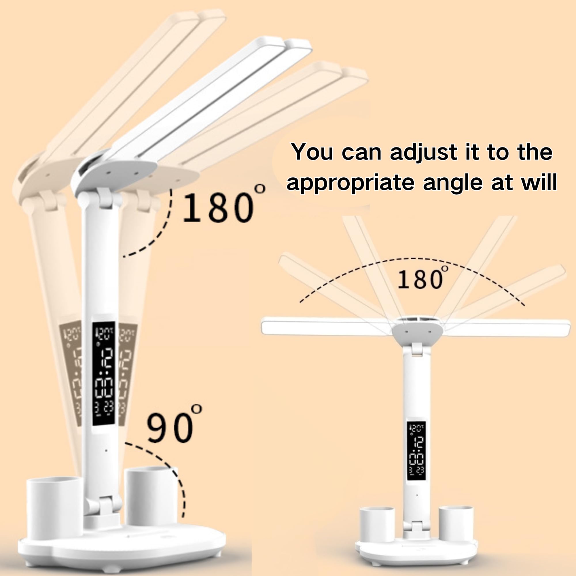 SUQ LED Desk Lamp, Dual Swing-Arm Table Lamp with 3 Color Modes, Double Head Desk Lamp with Clock Date and Pen case - Image 3
