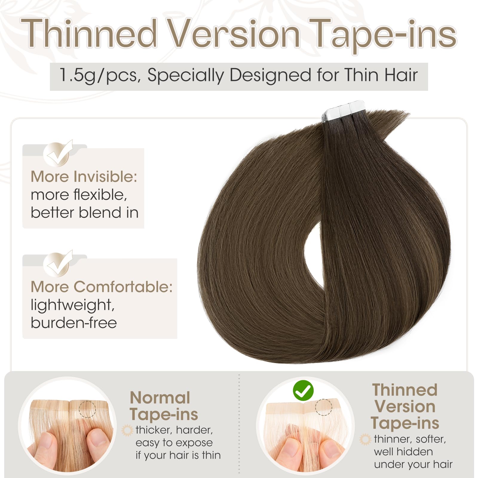 Elailite Tape in Hair Extensions Human Hair Real Human Hair 10 Pcs Invisible Thin Type - Image 2
