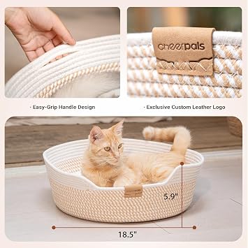CheerPals Cat Bed with Cushion, 47 cm Washable Cat Basket Woven from Cotton Ropes, for All Cats to Sleep, All Season Universal