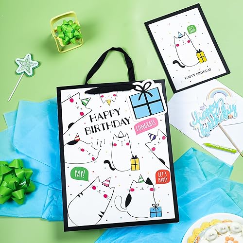 Miniatura 5 de WRAPAHOLIC Bolsa de regalo de cumpleaños grande de 13 pulgadas con tarjeta y papel de seda - Adorable diseño de gato feliz cumpleaños