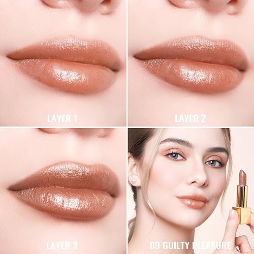 Miniatura 5 de Oulac Lápiz labial marrón para mujer con brillo metálico 3D fórmula hidratante ligera, color de labios de alto impacto, belleza vegana, maquillaje
