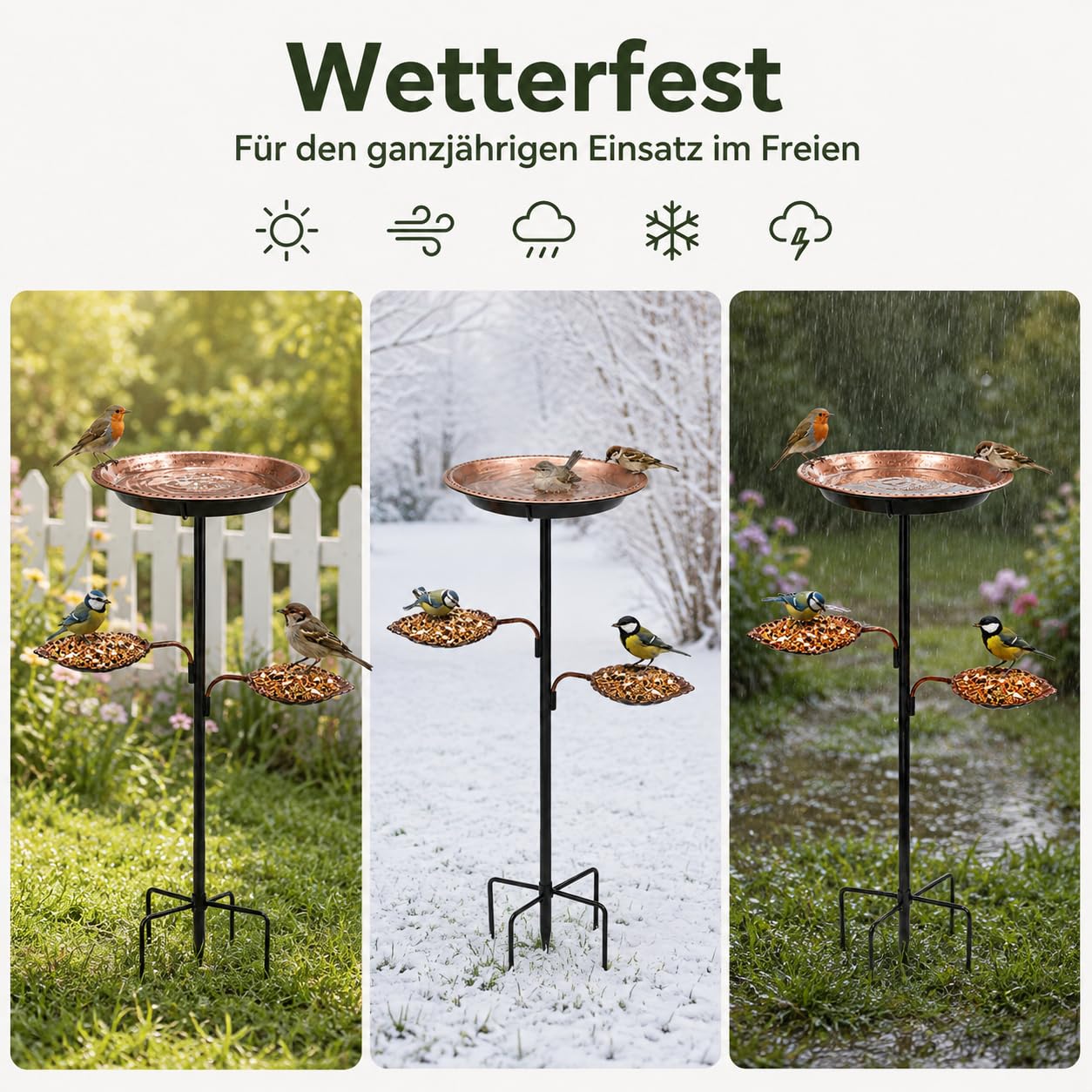Vogeltränke mit Futterschalen, 89 cm Vogelbad Stehend für Garten, Metall Vogeltränke für Wildvögel, Wetterfest & Rostbeständig, Abnehmbare Wasserschale, Stabile 5-Zinken-Basis, Vogel Futterstation