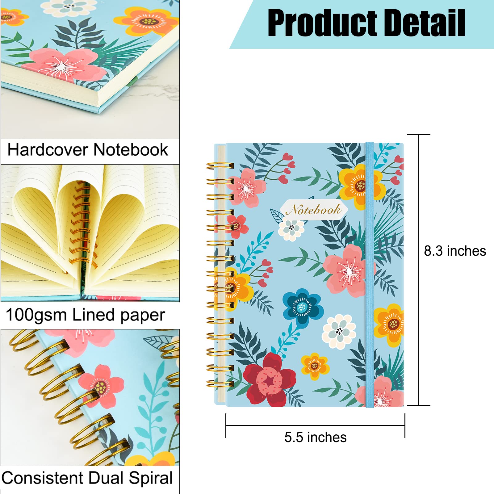 Coopay Paquete de 6 cuadernos en espiral A5 para mujer, cuadernos de composición con rayas universitarias, diario en espiral de tapa dura, lindo florecimiento, suministros de oficina, escuela