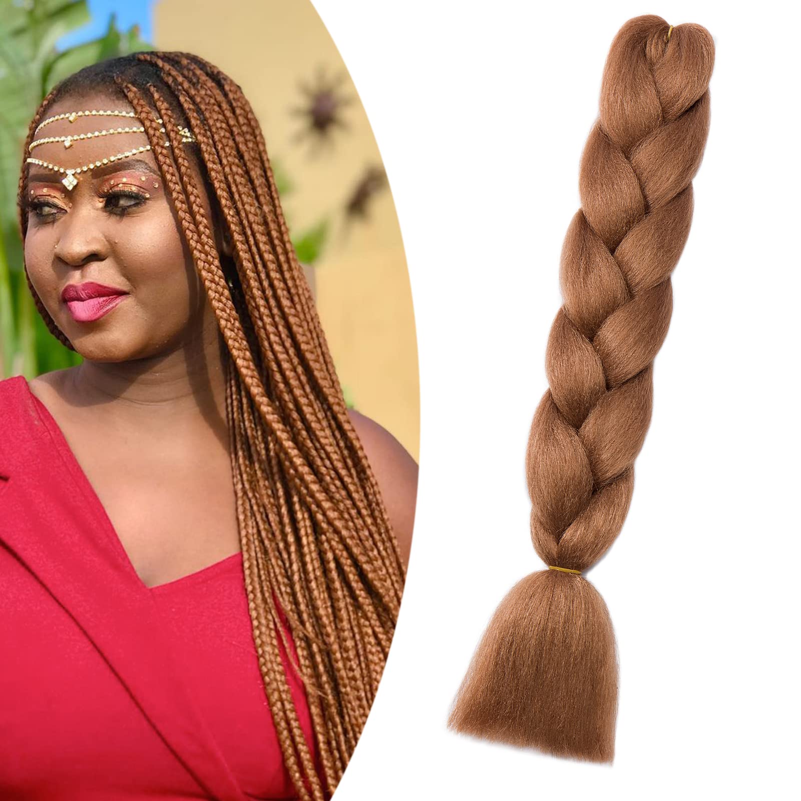 Gairyan 24" Extensiones para Trenzas Africanas Extensiones de Pelo Trenzas Africanas 1 Paquete Pelo Sintetico Extensiones de Trenzado de Cabello Box Crochet Braiding Hair(Castaño Claro)