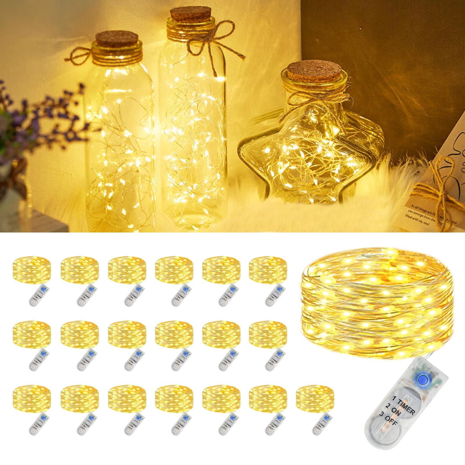 Pack of 20 Fairy Lights Battery Small, 2 m 20 LED Mini Fairy Lights with Timer