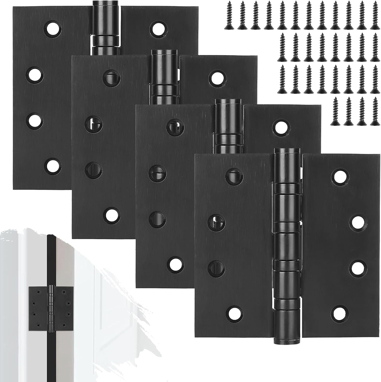 4 Pack Stainless Steel Black Door Hinges, Heavy Duty Door Hardware, 4 x 4 Inch Door Hinge with Ball Bearing, Door Hinges with Square Corners 4 Pack Black
