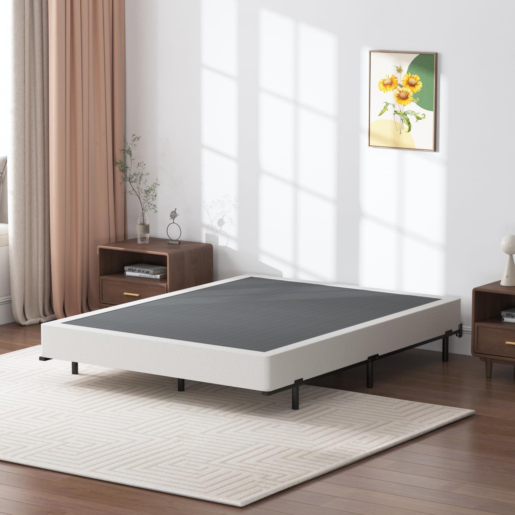 SHLAND Queen-Size-Boxspringbett, 17,8 cm, niedriges Profil, 1360 kg, schwarz, robuste Metallmatratzenfundament mit leicht zu reinigendem Stoffbezug, einfache Montage
