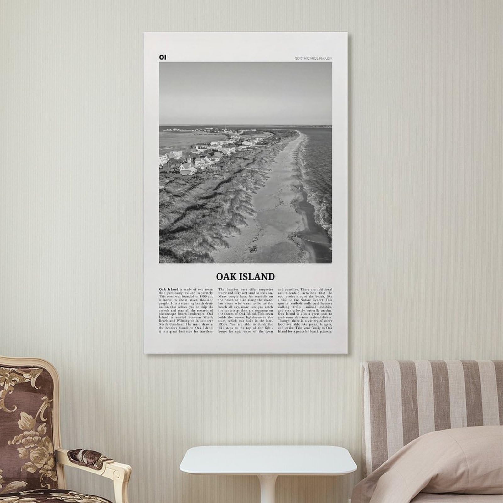 Impresión en Blanco y Negro de Oak Island, Arte Mural de Oak Island, póster de Oak Island, Foto de Oak Island, Mapa de Oak Island, Carolina del Norte, EE. UU. Póster de Lienzo para Pared