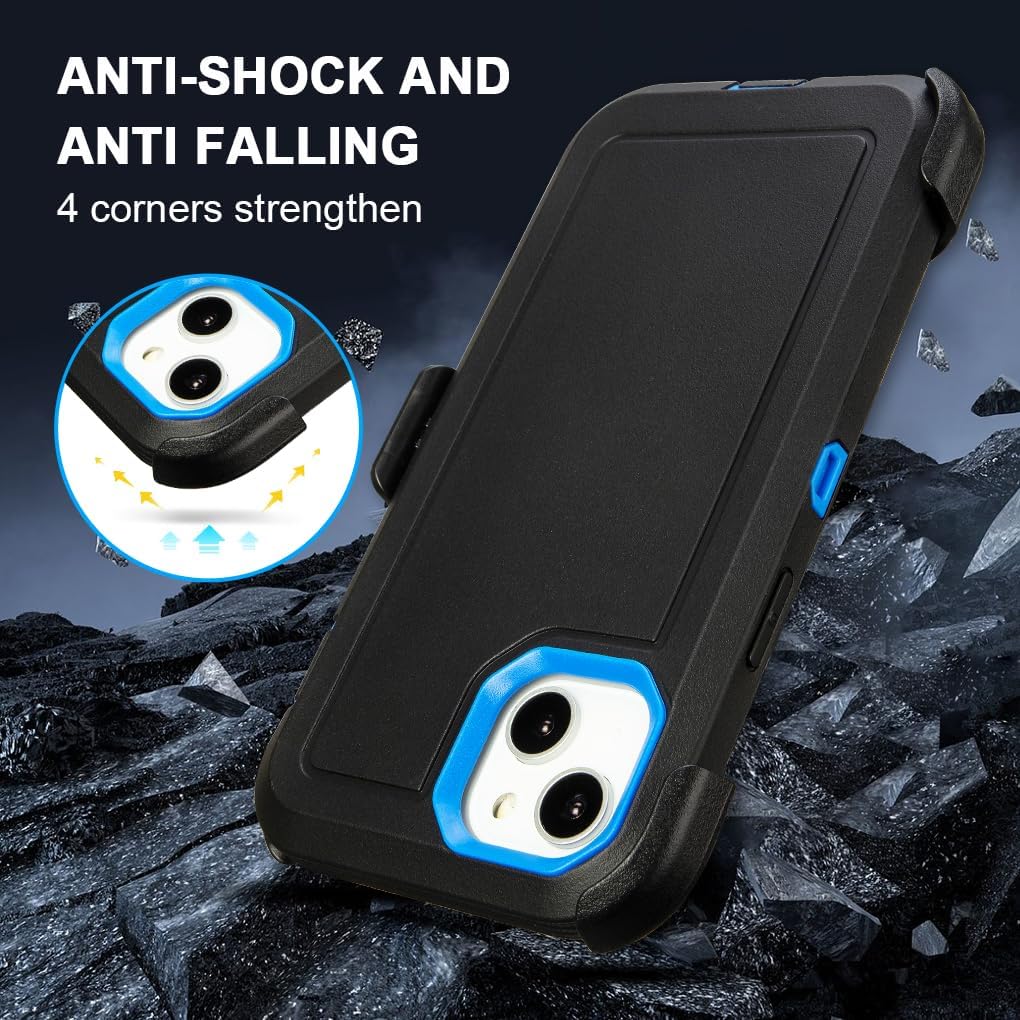 for Defender Black iPhone 15 Case with Clip,Shockproof Heavy Duty Rugged with Kickstand,2 Layers of Sturdy,Anti-Drop for Phone Case iPhone 15 Case Protective (Black+Blue)