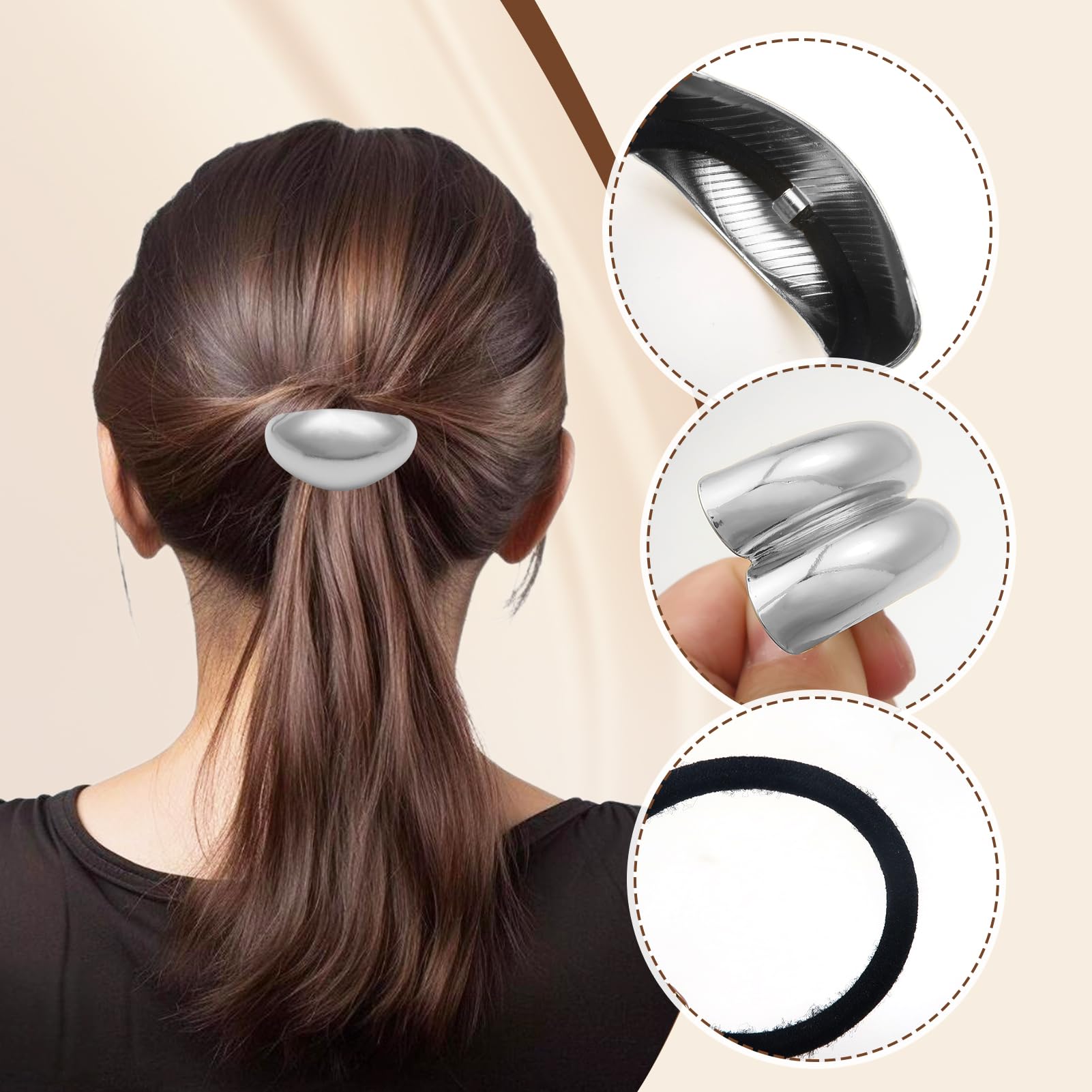 TOAOB Pack of 5 Geometric Elastic Hair Ropes Silver Metal Hair Bobbles Elastic Hair Cuffs Ponytail Hair Cuffs - Image 4