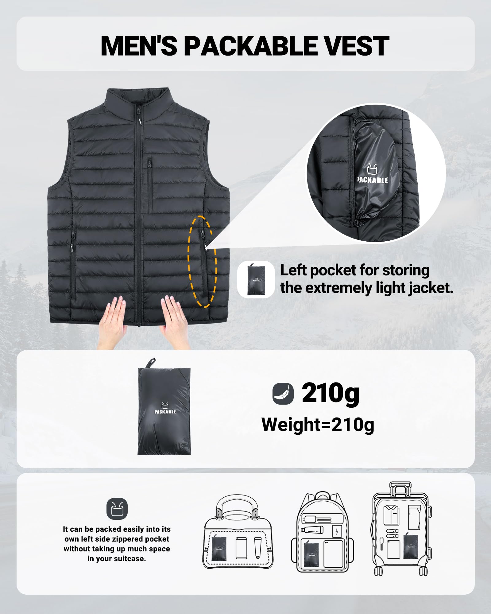Outdoor Ventures Herren Packbare Steppweste Outdoor Übergangswesten Gefütterte Hybrid Sportwesten für Männer Laufen Golf Wandern Reiten