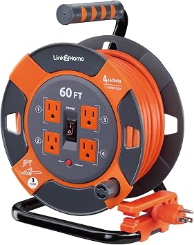 Link2Home Cord Reel 60 ft. Extension Cord 4 Power Outlets 14 AWG SJTW Cable. Heavy Duty High Visibility Power Cord.