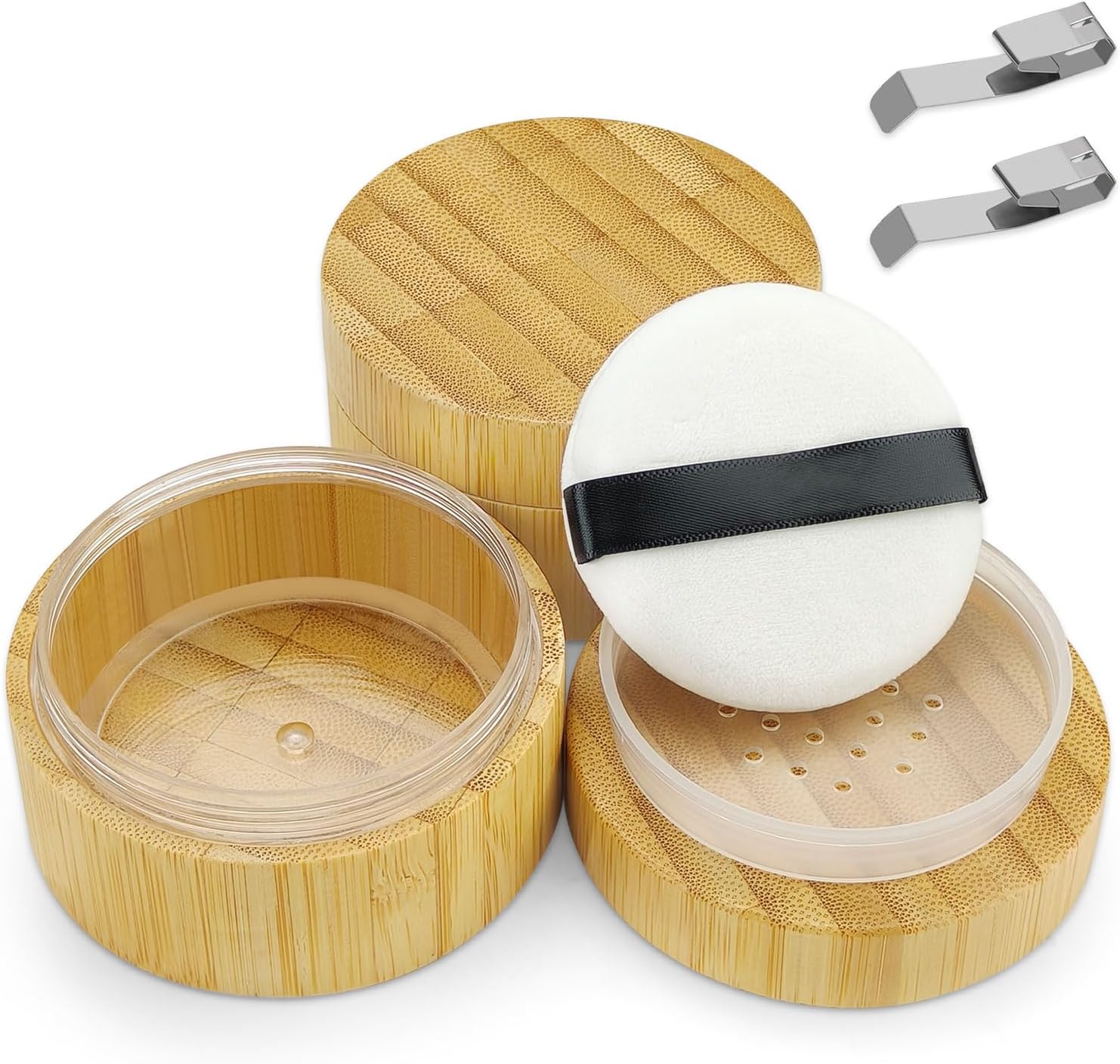2 Pack Bamboo Loose Powder Container with Puff, 30ml Empty Dusting Powder Container Body Face Makeup Jar Case with Sifter and Screw Lid for Daily & Travel
