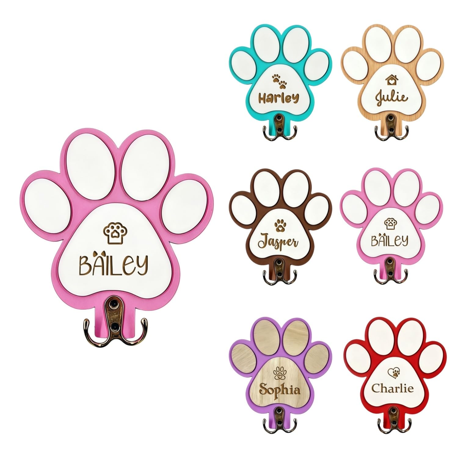 BFBZYME ﻿Custom Dog Leash Holder with Name, Personalized Wooden Key Rack and Pet Collar Hanger for Wall, Rustic Farmhouse Entryway Organizer, Dog Lover Gift(Pink)