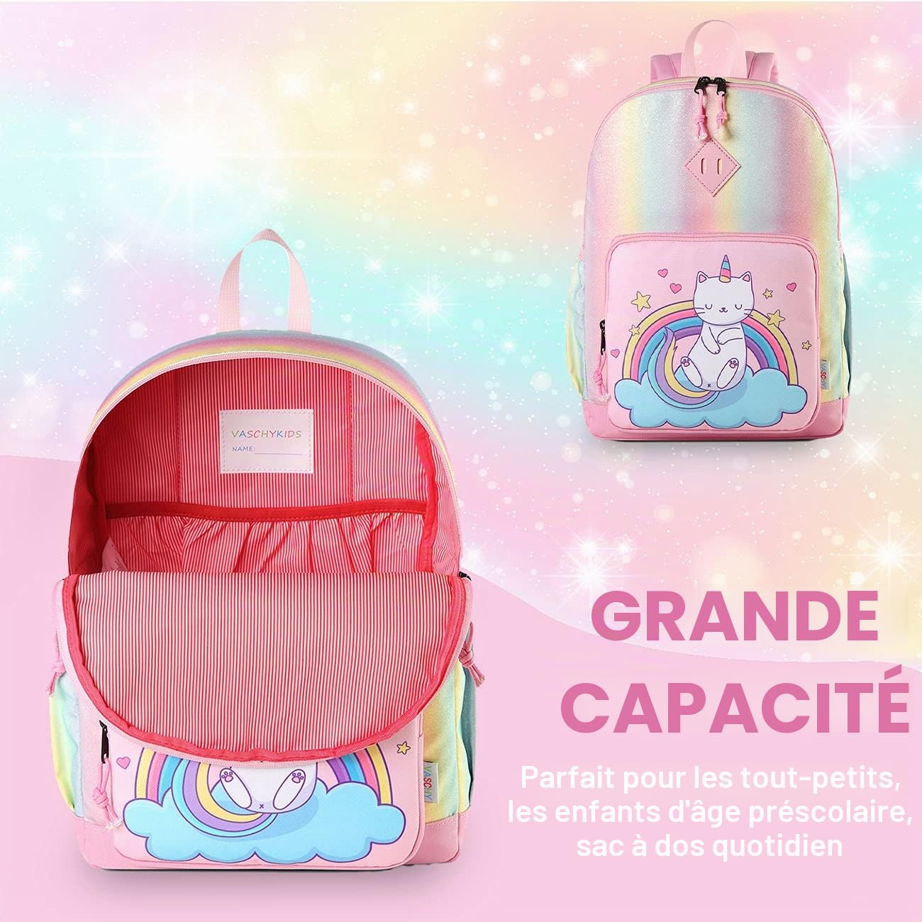 Sac à Dos Enfant, VASCHY Cartable Filles Primaire 4-6 Ans Léger Brillant Imperméable Sac a Dos Licorne Mignon pour A4 Dossier Maternelle École avec Sangle de Poitrine