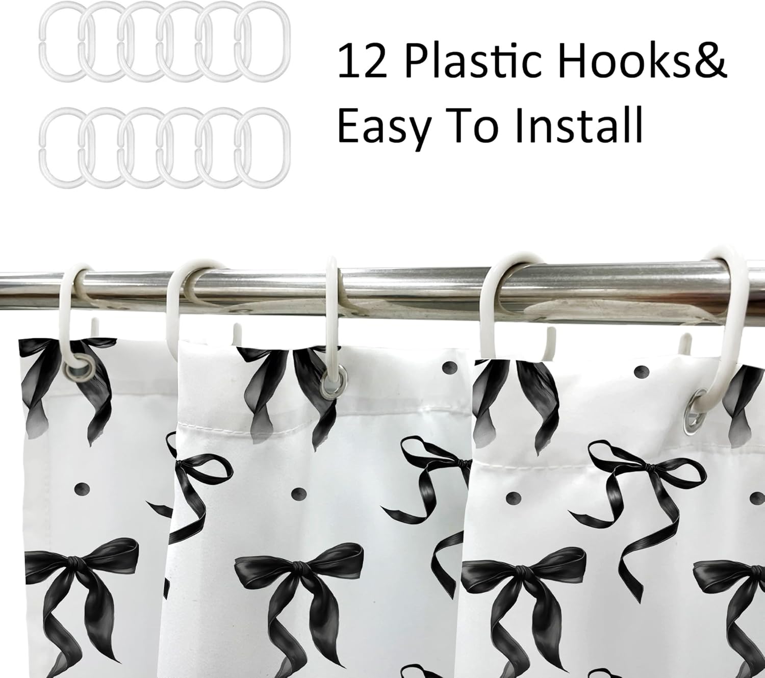 Newsely Extra Long Black White Bow Shower Curtain 72Wx84L Inch Coquette Bownot Cute Girly Retro Vintage Trendy Aesthetic Bathroom Set Teen Women Waterproof Bath Decoration Accessories Home Decor