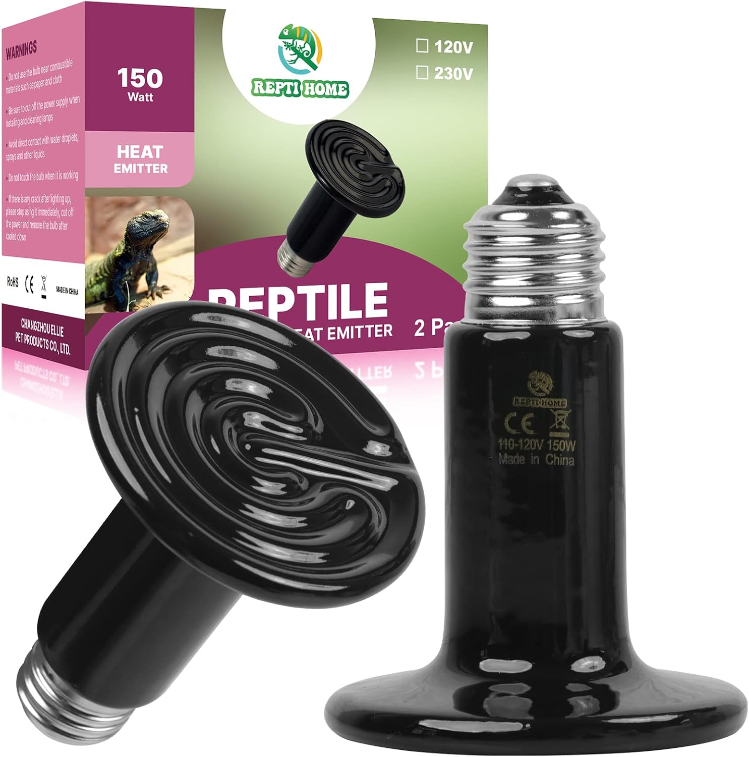 REPTI HOME 150W Ceramic Heat Emitter (2 Pack), Reptile Heat
