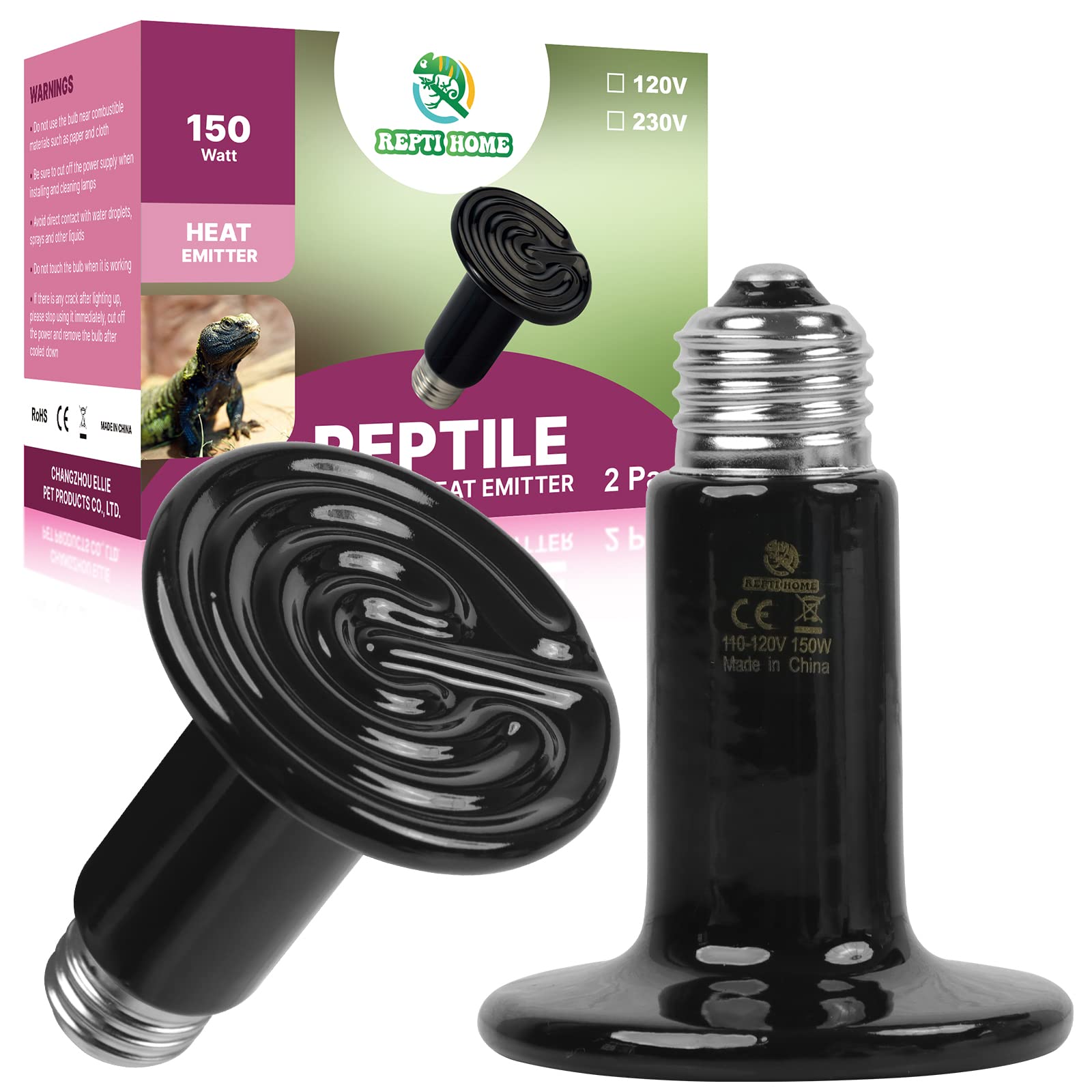 REPTI HOME 150W Ceramic Heat Emitter (2 Pack), Reptile Heat Lamp Bulbs, Ceramic Heater for Amphibian, Pet Brooder Coop, Chicken, Dog, Cat