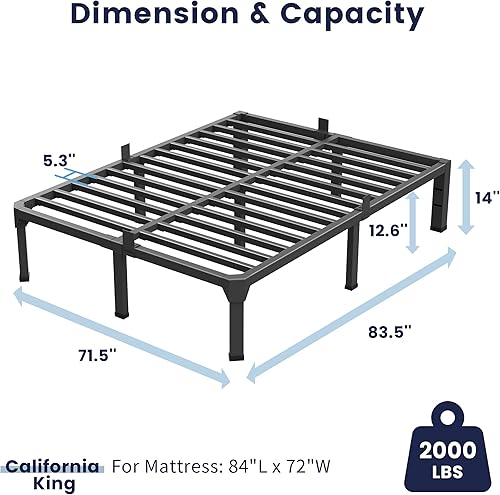 Miniatura 2 de Superay Base de cama de metal de 14 pulgadas con tapón deslizante para colchón, plataforma de listones de acero doble negro anti chirridos, marcos