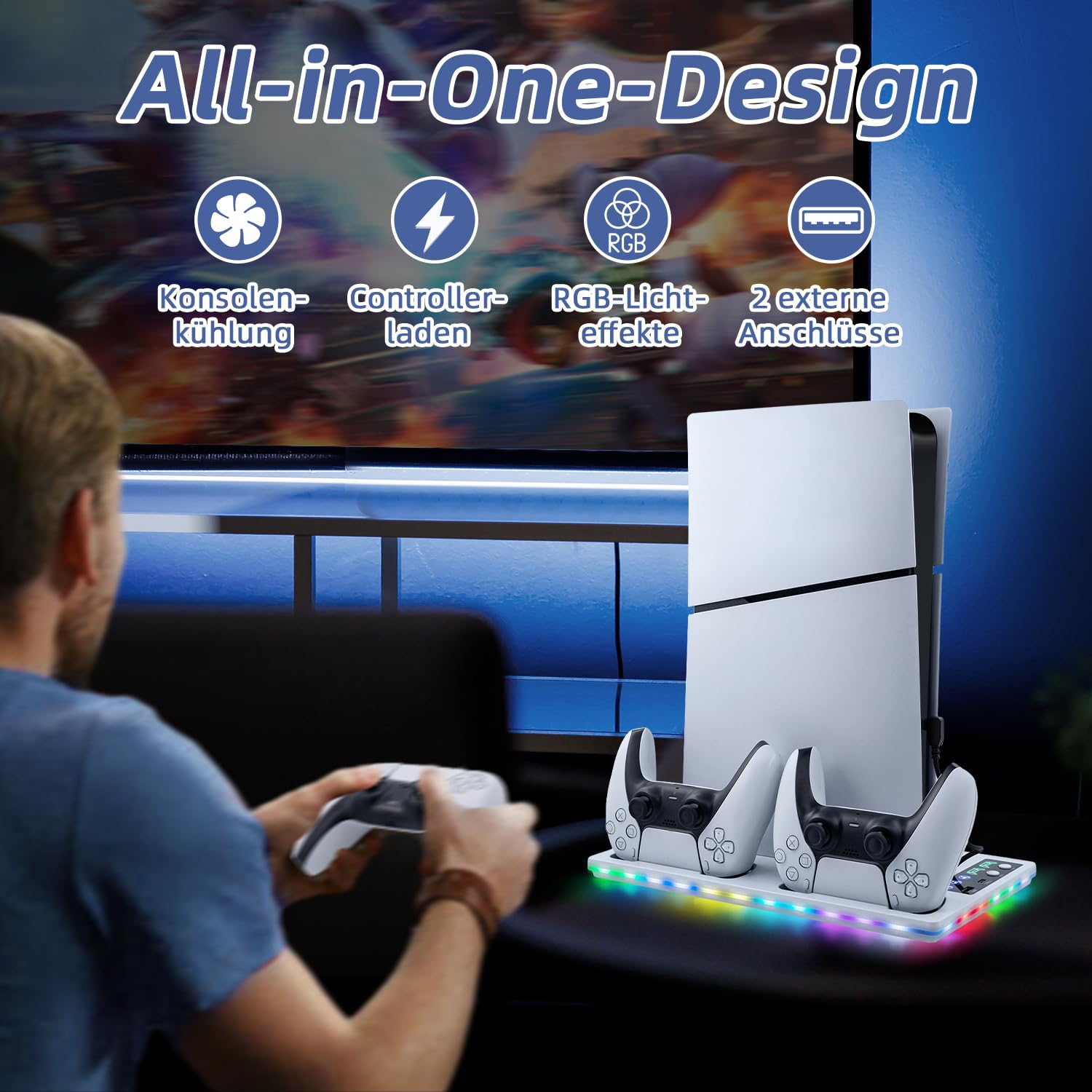 Wigearss PS5/PS5 Slim/PS5 Pro Kühler Standfuß mit Dual Controller Ladegerät, PS5 Controller Ladestation Standfuß mit Lüfter, RGB Licht für PS5/PS5 Slim/PS5 PRO UHD/Digital Edition