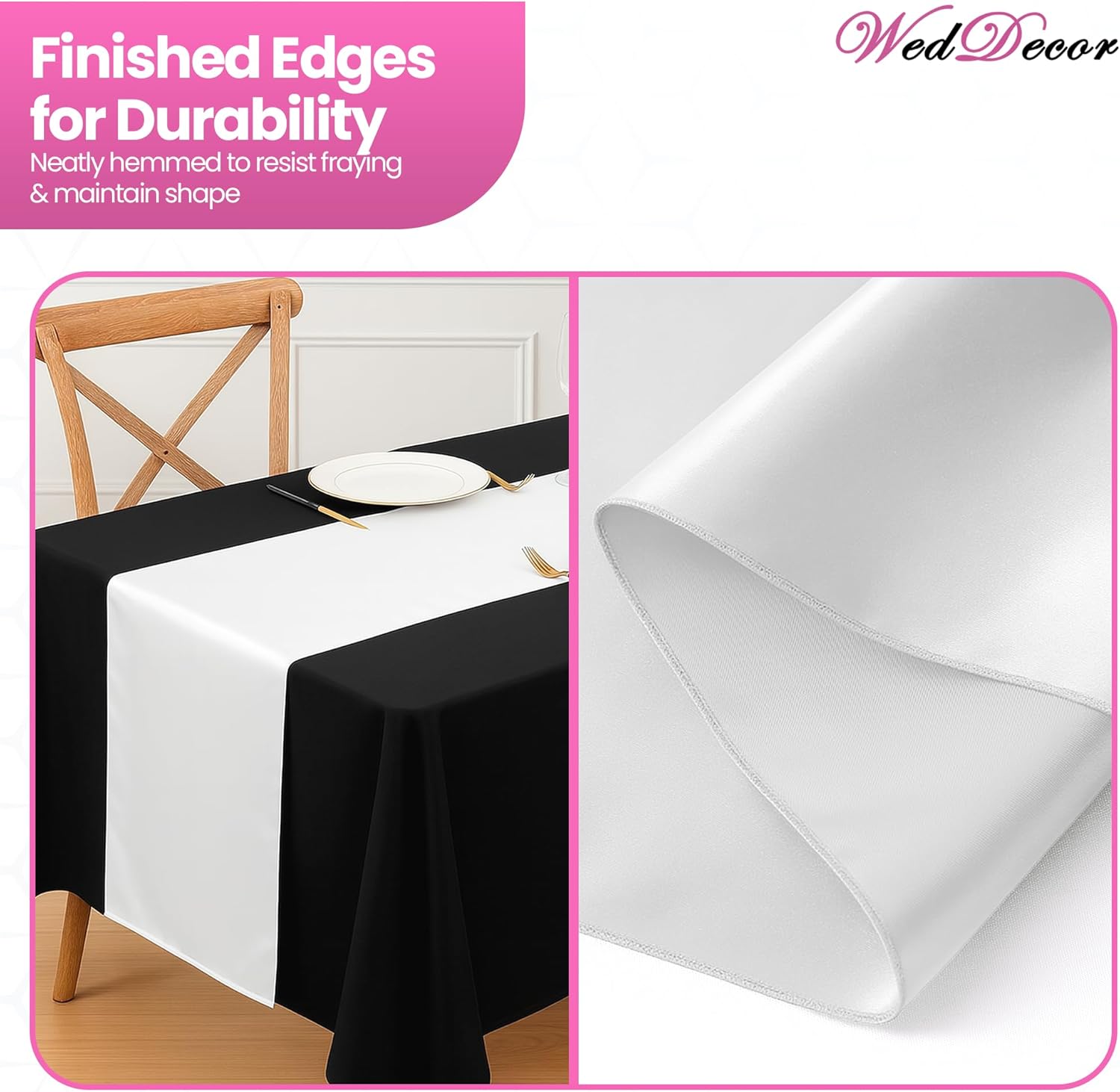 WedDecor Satin Table Runner 11x108 inch Table Runner Dining Room Wedding Festival Decoration Tabletop Decor Smooth Fabric Party Table Runner Holiday Christmas Banquet Home Decor Kitchen Runner, 50pcs