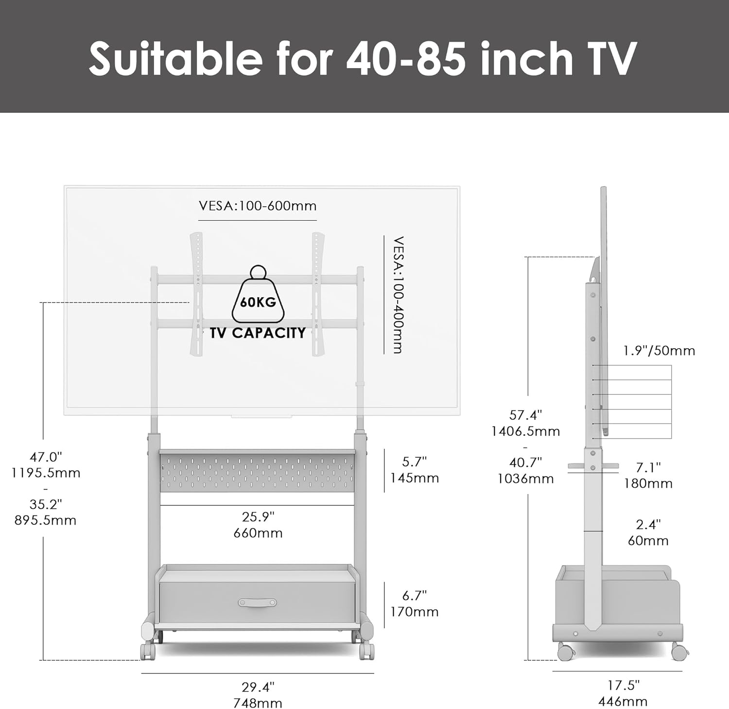 Dimensional drawing of the FITUEYES TV stand, showing height, width, depth, VESA range, and weight capacity.